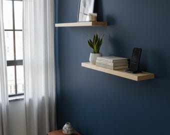 Prateleira flutuante minimalista em madeira natural, expositor moderno para parede, estante de livros artesanal em madeira, prateleira flutuante para plantas.