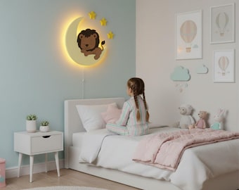 Lion Moon Nursery Wall Light, Baby Room Night Lamp, Cute Lion LED Wall Decor with Stars