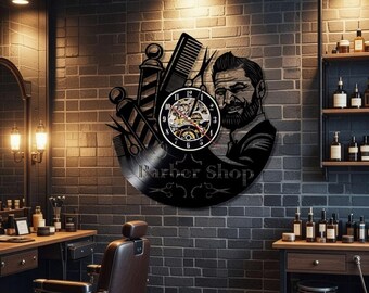 Reloj de barbería con forma de disco de vinilo – Silueta retro de hombre con barba para pared
