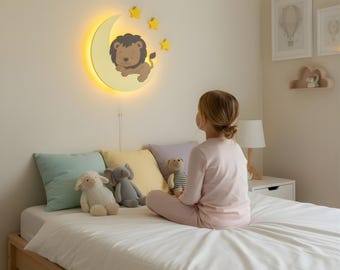 Handmade Lion Moon Night Light - Wood Nursery Lamp, Baby Shower Gift