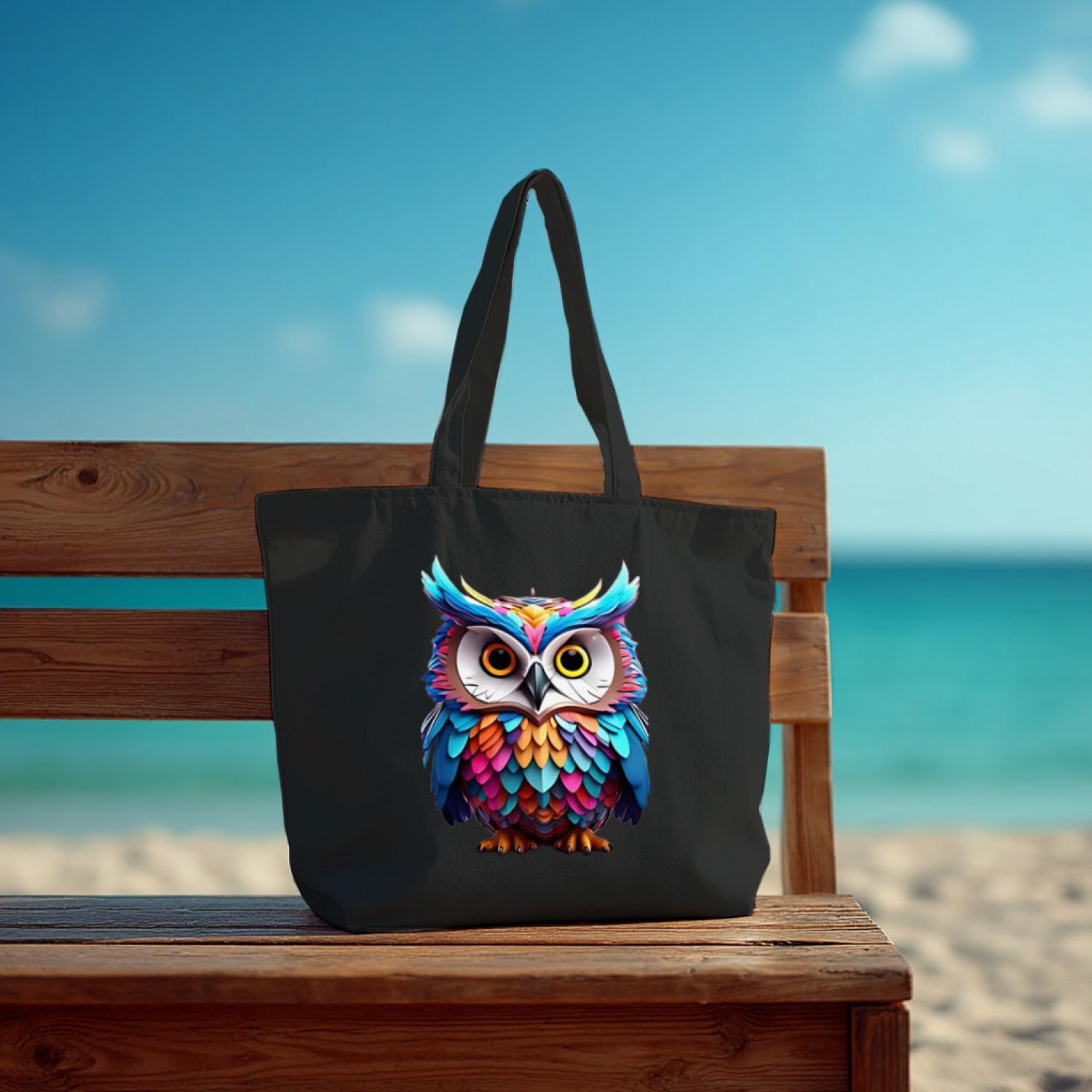 Colorful Owl Pocket Print T-Shirt, Cute Owl Shirt, Minimalist Bird Tote Bag, Nature Lover Gift, Boho