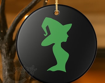 Adorno de bruja verde, decoración gótica para árbol de Halloween, adorno de cerámica estilo brujería para estanterías espeluznantes y casas embrujadas.