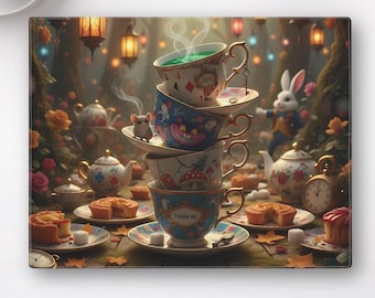 Mantel individual de cuero de Alicia en el País de las Maravillas, decoración para el hogar con temática de fiesta del té del Sombrerero Loco, regalo de mesa de fantasía para amantes de los libros.