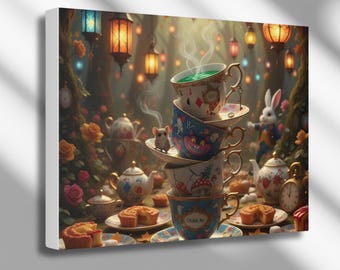 Alice in Wonderland Canvas Wall Art, Mad Hatter Tea Party Print, Storybook Fantasy Home Decor, Ready to Hang Stretched Canvas