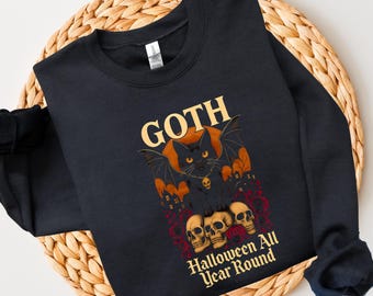 Goth Halloween All Year Sweatshirt - Gothic Black Cat with Skulls and Roses Crewneck, Alternative Fall Sweater for Year-Round Spooky Vibes