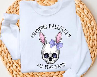 Enjoying Halloween All Year Sweatshirt - Skull Bunny with Bow Graphic Crewneck, Cute Goth Fall Sweater for Year-Round Spooky Vibes