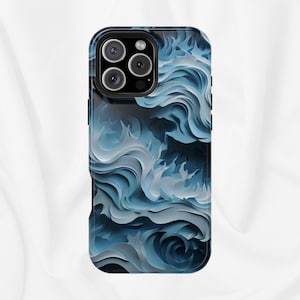 May include: A smartphone case with a swirling blue and white abstract design. The case has a black border and a camera cutout with multiple lenses. The design resembles flowing water or smoke.
