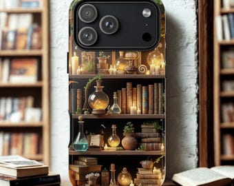 Funda para teléfono con temática de libros, funda para teléfono con temática de brujas, funda para teléfono con temática de libros románticos, funda para teléfono con estantería de pociones