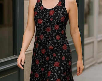 Vestido gótico místico, vestido festivo, vestido de fiesta, vestido de festival, vestido mítico, vestido negro con rosa roja, NuGoth, gótico, vestido de noche de verano