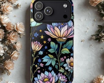 Stained Glass Lotus Tough Phone Case, Mystic Floral Art Compatible with iPhone, Galaxy, Google Pixel, Dark Floral Phone Case Gift for Her