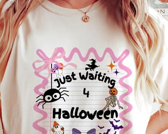 Just Waiting for Halloween Comfort Colors® Shirt | Coquette Halloween T-Shirt | Soft Spooky Ghost Skeleton Pumpkin Shirt | Everfey Designs