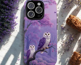 Funda para teléfono con búho morado, funda para iPhone con diseño de bosque de hadas, funda con arte de búho místico, funda con animales del bosque de estilo cottagecore, funda para teléfono con estética natural