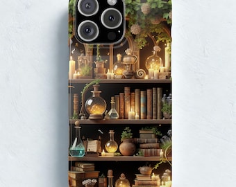 Bookish Slim Phone Case, Book Lover Phone Case, Cozy Witch Aesthetic Phone Cover, Romance Book Lover Gift, Potion Bookshelf Case