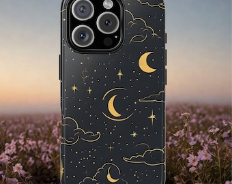 Celestial iPhone Case, Galaktyczna Metaliczna Etui na Telefon Księżyc i Gwiazda, Estetyka Ciemnego Nieba, Etui na Telefon Inspirowane Astrologią, Kosmiczny Prezent dla Niej