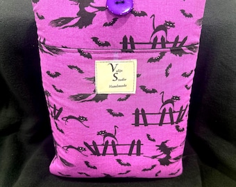 Funda de libro de bruja morada, cubierta de gato y murciélago de Halloween, protector de tela, funda acolchada resistente con bolsillo, 4 libros de tapa dura de bolsillo