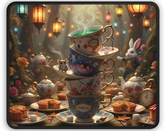 Alfombrilla de ratón de Alicia en el País de las Maravillas, alfombrilla de escritorio para juegos con temática de fiesta de té del Sombrerero Loco, decoración de escritorio de fantasía caprichosa, regalo para amantes de los libros