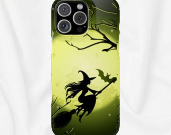 Witch Design, Moonlight Green Slim Phone Case, Compatible with iPhone 17, 16, 15, 14, 13, Halloween Witch Cover