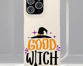 Witch Silhouette Design White Slim Phone Case, Compatible with iPhone 17, 16, 15, 14, 13, Halloween Witch Cover