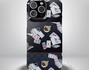 Funda delgada para teléfono con diseño de cartas de Alicia en el País de las Maravillas, funda para iPhone 16/17 con diseño de la Fiesta del Té del Sombrerero Loco, protección para Google Galaxy con diseño de cartas de juego de fantasía