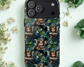 May include: A phone case featuring a repeating pattern of cherubic figures with wings, reading books against a starry night sky background. Green leaves are interspersed throughout the design. The case has a black camera module.