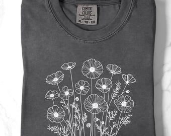 Poppy Flower Comfort Colors T-shirt: boho-shirt met wilde bloemen