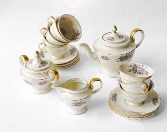22-Piece German Porcelain Tea Set – Continental Ivory with Gold Floral Trim, Complete Service