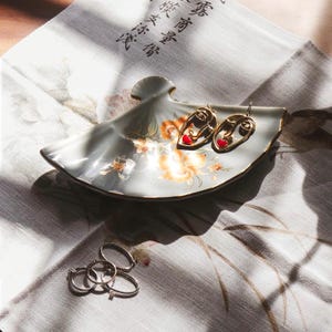Vintage Fan-Shaped Porcelain Dish with Orange Floral Design – Decorative Plate, Japan