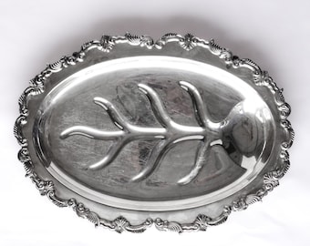 Large Vintage Silver Serving Tray with Ornate Edge
