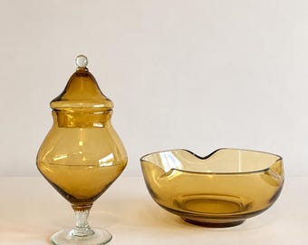 Vintage Amber Glass Apothecary Jar and Ruffled Bowl, Twist Stem Candy Jar Pair