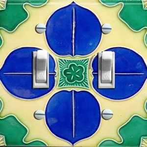 Vintage JAPANESE c1900 Tile (Faux) Green and Blue Double Switch Plate