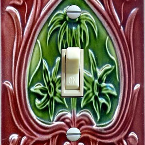 Art Nouveau MAJOLICA Tile (Faux) Green and Burgundy Double/Single Switch Plate