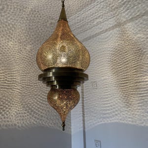 Handmade Moroccan Teardrop Pendant Light – Double-Drop Brass Ceiling Lamp with Perforated Patterns – Oriental Hanging Fixture for Boho
