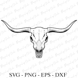 May include: A black and white illustration of a longhorn skull. The skull has detailed features, including the eye sockets, nasal cavity, and teeth. The long, curved horns extend outwards. The image includes the text "SVG - PNG - EPS - DXF".