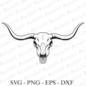 May include: A black and white illustration of a longhorn skull. The skull is detailed with visible eye sockets, nasal cavity, and teeth. The long, curved horns extend outwards. Below the skull are the file types: SVG, PNG, EPS, and DXF.