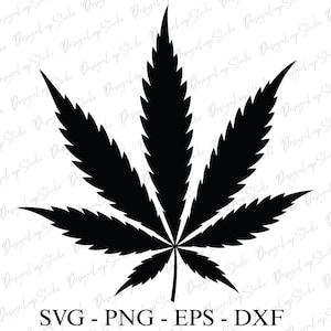 May include: A black cannabis leaf silhouette on a white background. The image includes the text "SVG - PNG - EPS - DXF" at the bottom. The leaf has seven distinct points and is a vector graphic.