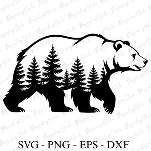 Puede incluir: Silueta negra de un oso con un bosque en su interior. La imagen incluye el texto "SVG - PNG - EPS - DXF" en la parte inferior, indicando formatos de archivo para proyectos de diseño digital o manualidades.