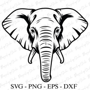 May include: A black and white illustration of an elephant's head, featuring detailed lines and shading. The elephant has large ears, tusks, and a long trunk. The image includes the text "SVG - PNG - EPS - DXF".