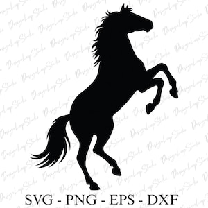May include: A black silhouette of a rearing horse. The horse is depicted in a dynamic pose, with its front legs raised and its body arched. The image includes the text "SVG - PNG - EPS - DXF".