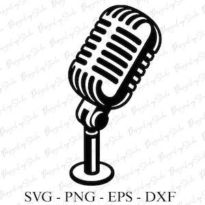 May include: Black and white vintage microphone illustration. The microphone has a rounded top with vertical bars and a stand with a circular base. The image includes the text "SVG - PNG - EPS - DXF".