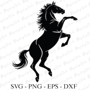 May include: A black silhouette of a rearing horse with a flowing mane and tail. The horse is in a dynamic pose, with its front legs raised. The image includes the text "SVG - PNG - EPS - DXF".