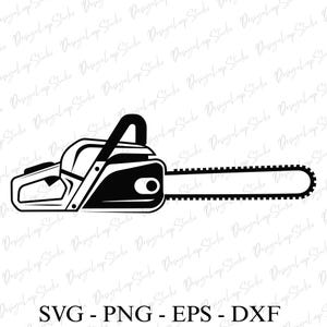 May include: Black and white illustration of a chainsaw. The design includes the text "SVG - PNG - EPS - DXF" at the bottom. The chainsaw is depicted in a side view, with a handle, engine, and blade.