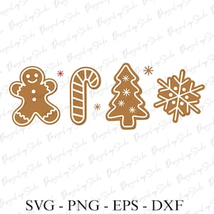 Könnte beinhalten: Eine digitale Illustration mit Lebkuchen-Keksmotiven. Das Bild zeigt einen Lebkuchenmann, eine Zuckerstange, einen Weihnachtsbaum und eine Schneeflocke, alle in Braun mit weißen Zuckergussdetails. Der Text "SVG - PNG - EPS - DXX" befindet sich unten.