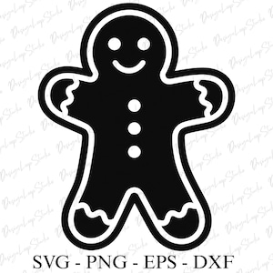 May include: A black and white gingerbread man graphic with a smiling face and three buttons. The image includes the text "SVG - PNG - EPS - DXF" at the bottom, indicating file formats.