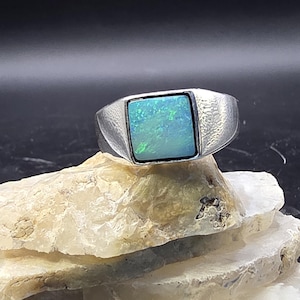 Coober Pedy Opal Doublet Signet Ring – Sterling Silver Men's Ring, Blue Green Flash