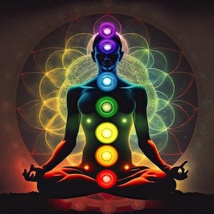 Op de afbeelding: Een silhouet van een persoon in een zittende meditatiehouding met zeven gloeiende, verticaal uitgelijnde cirkelvormige chakrapunten in rood, oranje, geel, groen, blauw, indigo en violet, tegen een groot, ingewikkeld, veelkleurig geometrisch mandala.