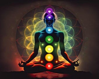 May include: A silhouette of a person in a seated meditation pose featuring seven glowing, vertically aligned circular chakra points in red, orange, yellow, green, blue, indigo, and violet, set against a large, intricate, multicolored geometric mandala.