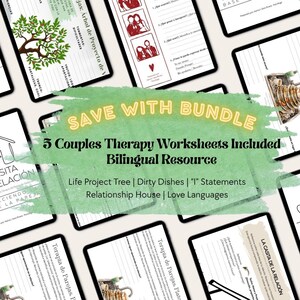 Puede incluir: Hojas de trabajo digitales para terapia de pareja se muestran en tabletas. La imagen incluye el texto "SAVE WITH BUNDLE" y "5 Couples Therapy Worksheets Included Bilingual Resource". Las hojas de trabajo cubren temas como "Life Project Tree" y "Love Languages".