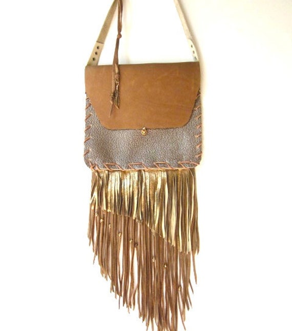 Items similar to Leather Fringe Shoulder Purse Handmade Gold and Silver
