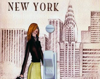 NEW YORK Woman Vintage Travel Poster, Switch Plate Cover, Wall Plate, Single, Home Decor