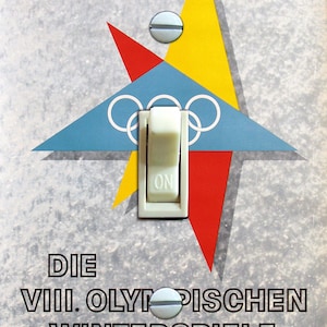 May include: A vintage poster advertising the VIII Olympic Winter Games in Squaw Valley, California in February 1960. The poster features a stylised illustration of an Olympic torch with the Olympic rings and the words "Die VIII. Olympischen Winterspiele" in black text.